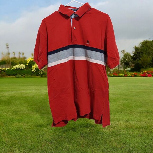 Tommy Hilfiger Men's Polo Size L Red With Blue & White Stripe - Picture 1 of 5